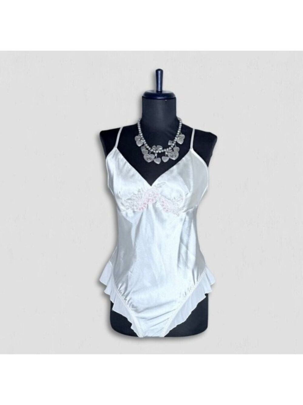 Secret Treasures Bodysuit Embroidered Ruffle Satin White Size Medium